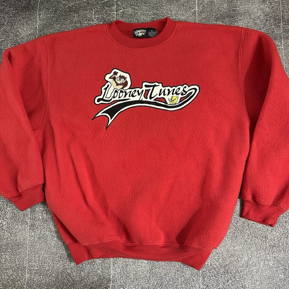 Men's Vintage 90's Looney Tunes Taz Tweety Red Fleece Crewneck Sweatshirt Sz XL
